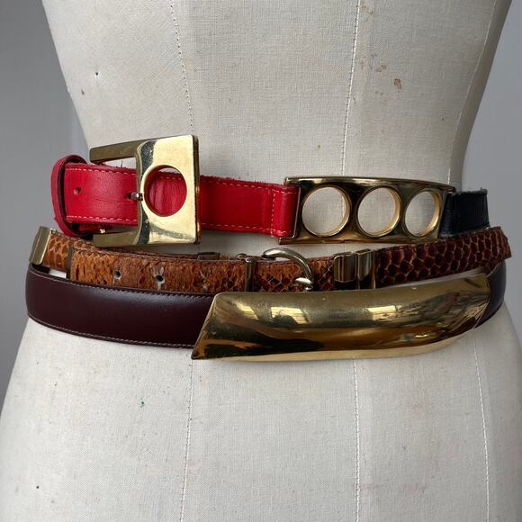 Lot of 3 80s VTG Belts Brass Gold Hardware Snakeskin Leather High Waist Skinny main image 11